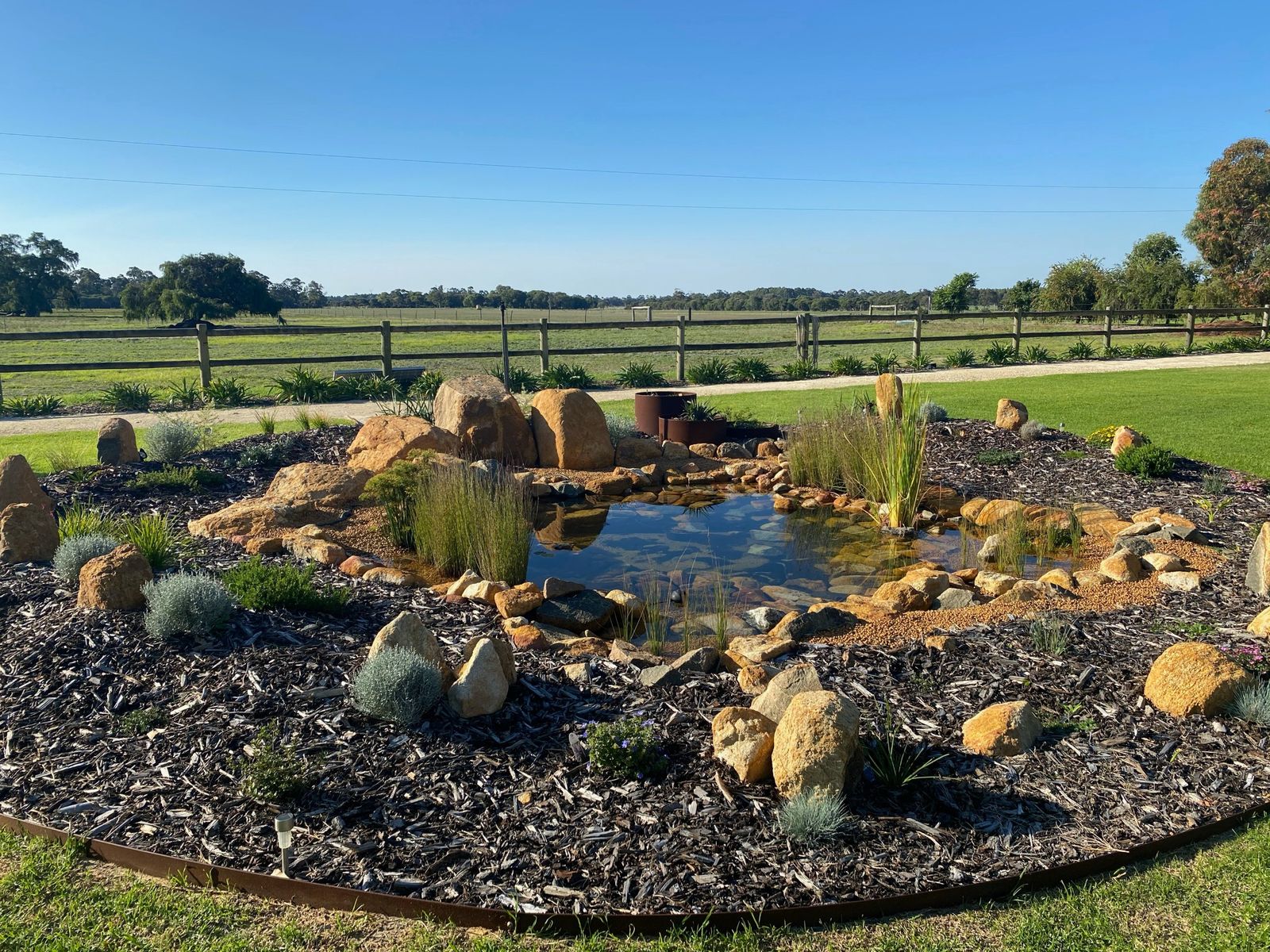 Rural pond with boulders and reeds