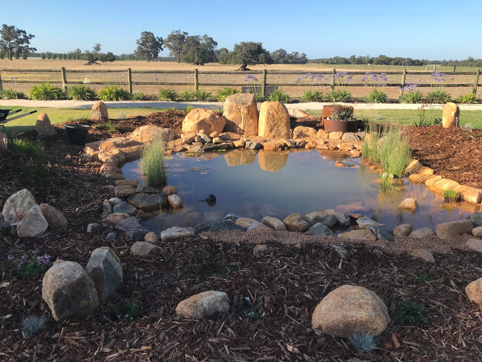 Pond and rock garden on farmland